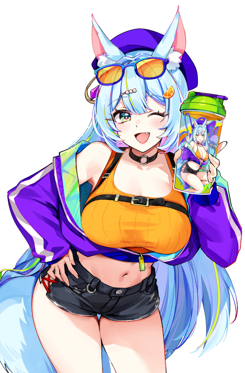 1girl ;d absurdres animal_ear_fluff animal_ears beret black_shorts blue_hair breasts commentary cup eyewear_on_head fang foxyreine green_eyes hat highres holding holding_cup large_breasts long_hair looking_at_viewer midriff multicolored_hair navel one_eye_closed open_mouth original purple_hat short_shorts shorts simple_background sister_reine_(foxyreine) smile solo sunglasses tinted_eyewear white_background yellow-tinted_eyewear