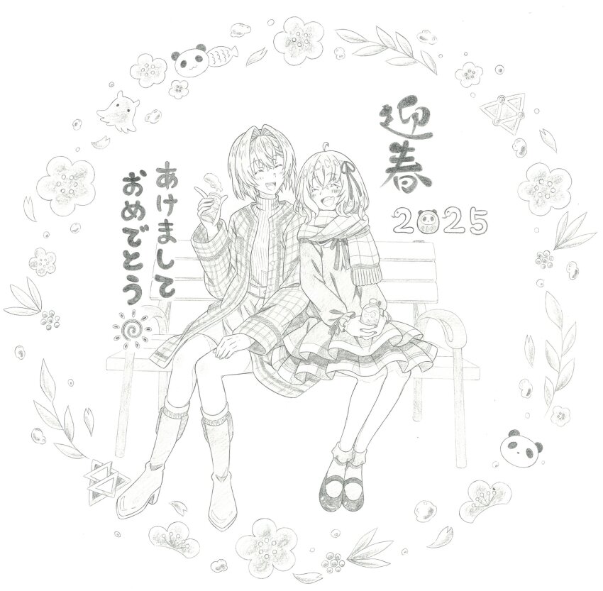 2025 2girls :d ^_^ ahoge alternate_costume ange_katrina bench blush bobby_socks boots bottle can closed_eyes coat commentary_request crossed_bangs daruma_doll dress drink_can fang flower frilled_dress frills graphite_(medium) greyscale hair_intakes hair_ribbon hand_on_own_thigh hand_up hands_on_lap high_heel_boots high_heels highres holding holding_bottle holding_can leaf long_sleeves mary_janes medium_hair miniskirt mole mole_under_eye monochrome multiple_girls nijisanji noharano on_bench open_clothes open_coat open_mouth panda park_bench plaid_clothes plaid_coat ribbed_sweater ribbon sasaki_saku scarf shoes short_dress short_hair shoulder-to-shoulder sitting skin_fang skirt smile socks sweater teeth traditional_media translation_request turtleneck turtleneck_sweater upper_teeth_only virtual_youtuber