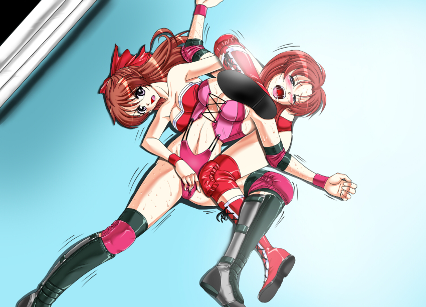 2girls blush boots brown_hair corey_sniper corset elbow_pads fingering hair_ribbon knee_pads leotard long_hair multiple_girls mutou_megumi octopus_hold open_mouth purple_eyes ribbon rigid saliva submission_hold sweat trembling wrestle_angels wrestle_angels_survivor wrestle_angels_survivor_2 wrestling wrestling_outfit wristband yuri