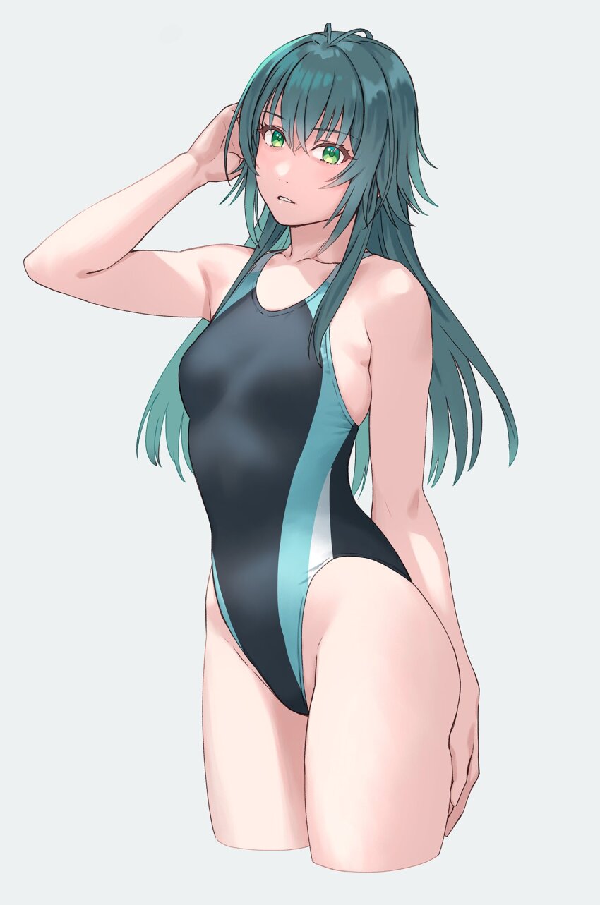 1girl black_one-piece_swimsuit blue_hair breasts commentary_request competition_swimsuit cowboy_shot cropped_legs gakuen_idolmaster green_eyes grey_background hair_between_eyes hand_on_own_head highleg highleg_one-piece_swimsuit highres idolmaster long_hair looking_at_viewer one-piece_swimsuit parted_lips simple_background small_breasts solo swimsuit tsukimura_temari yuuji_(and)