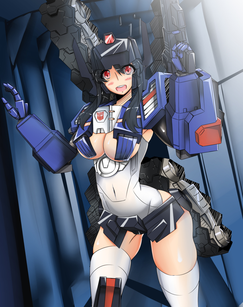 1girl absurdres autobot female_focus fortress_maximus gender_request genderswap gun highres jojo_(qiu_bowen) mecha_musume red_eyes solo thighhighs transformers weapon