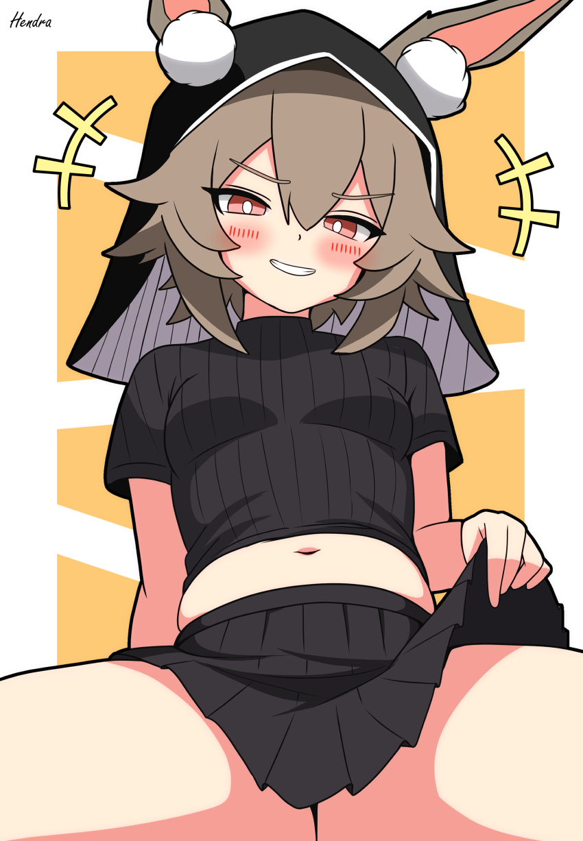 +++ 1girl absurdres animal_ears arknights black_skirt breasts brown_hair caper_(arknights) clothes_lift hendra highres looking_at_viewer medium_breasts navel rabbit_ears skirt smile solo