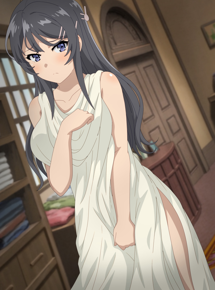 1girl absurdres artist_name black_hair book book_stack breasts closed_mouth door dress eufoniuz hair_ornament hairclip highres indoors large_breasts long_hair open_mouth purple_eyes rabbit_hair_ornament robe sakurajima_mai seishun_buta_yarou short_hair solo standing towel white_dress window