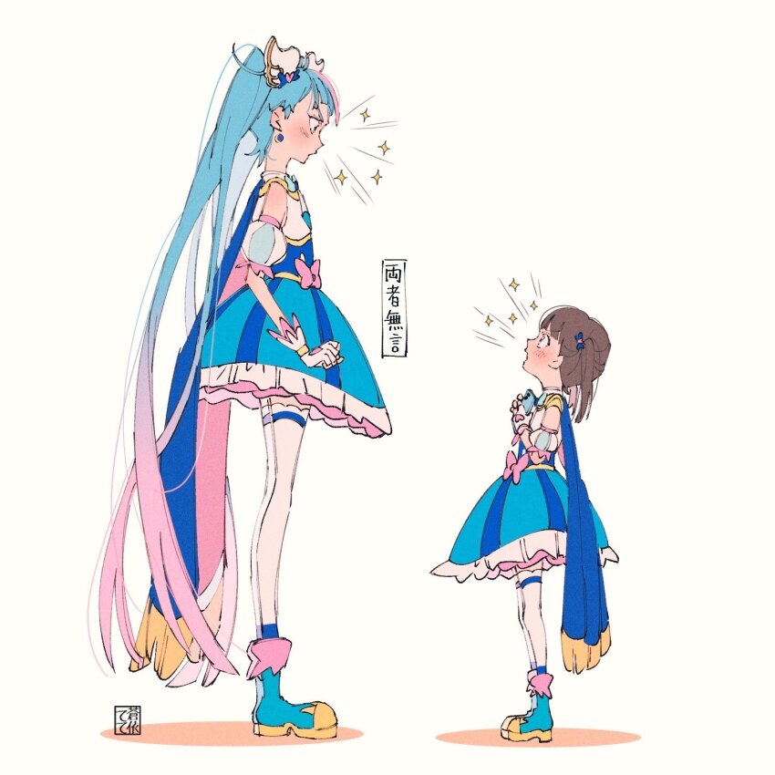 2girls aoi_tete artist_name blue_cape blue_dress blue_eyes blue_footwear blue_hair blush boots brooch brown_hair cape cellphone commentary cosplay cure_sky cure_sky_(cosplay) cut_bangs detached_sleeves dress earrings fingerless_gloves frilled_dress frills fringe_trim from_side gloves hair_ornament highres hirogaru_sky!_precure holding holding_phone jewelry long_hair looking_at_another magical_girl multicolored_hair multiple_girls open_mouth own_hands_together phone pink_cape pink_hair precure puffy_detached_sleeves puffy_sleeves short_dress short_twintails signature sleeveless sleeveless_dress smartphone smile sora_harewataru sparkle standing streaked_hair thighhighs translated twintails two-sided_cape two-sided_fabric two-tone_hair very_long_hair white_background white_gloves white_thighhighs wing_brooch wing_hair_ornament