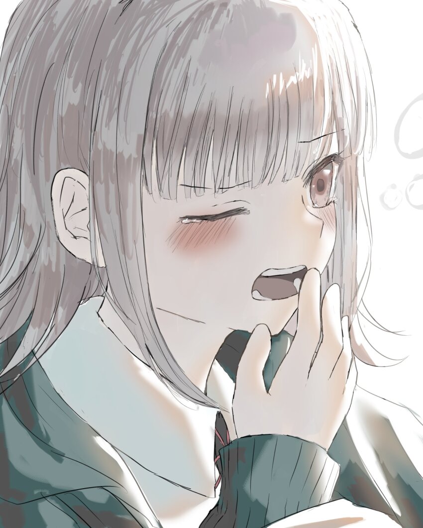 1girl asa_no_wa black_jacket black_shirt blush brown_hair collared_shirt commentary d; danganronpa_(series) danganronpa_2:_goodbye_despair hand_up highres jacket long_sleeves medium_hair nanami_chiaki neck_ribbon no_hair_ornament one_eye_closed open_mouth pink_eyes pink_ribbon ribbon shirt simple_background sleepy solo tearing_up two-tone_shirt white_shirt