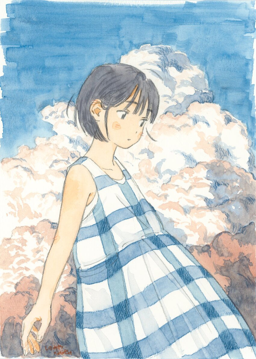 1girl absurdres black_eyes black_hair cloud cowboy_shot dress highres original outdoors painting_(medium) shinomiya_nanase short_hair sky sleeveless sleeveless_dress solo standing striped_clothes striped_dress traditional_media watercolor_(medium)