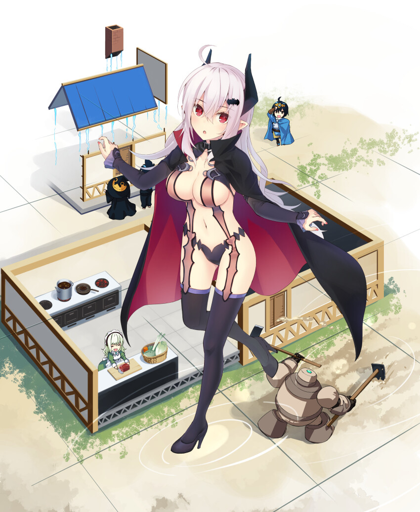 2boys 3girls :o absurdres bat_hair_ornament black_cape black_hair black_hat black_panties black_shoes black_thighhighs blue_cape breasts cape cleavage commentary_request cooking_pot cutting_board expressionless food full_body golem green_hair grey_hair hair_between_eyes hair_ornament hat headpiece high_heels highres holding holding_hoe holding_knife horns kinue_(lazy_dungeon_master) knife lazy_dungeon_master long_hair looking_at_viewer maid_headdress masuda_keima meat multiple_boys multiple_girls nanaroku_(fortress76) navel neruneh_(lazy_dungeon_master) nishimi_wataru panties pink_nails pointy_ears red_eyes rei_(lazy_dungeon_master) shoes stomach thighhighs underwear vegetable walking witch_hat