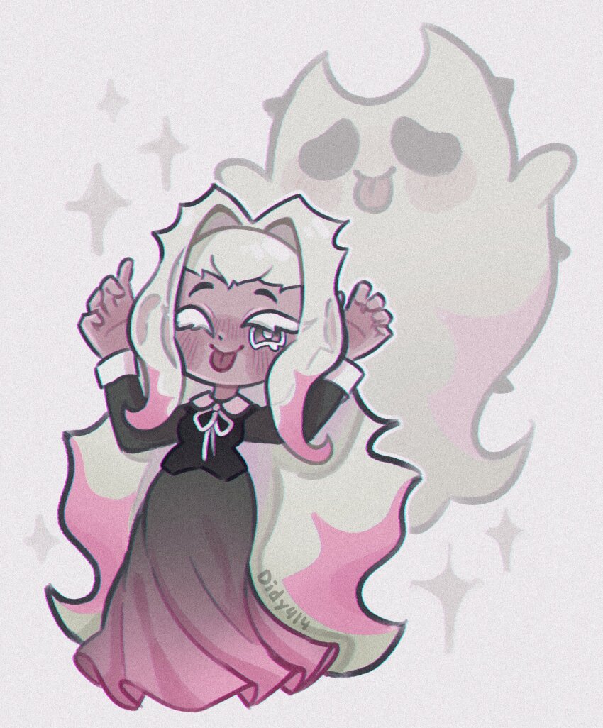 1girl absurdres black_dress cookie_run cookie_run:_ovenbreak didy414 dress full_body ghost hair_intakes happy highres humanization long_hair long_sleeves looking_at_viewer open_mouth school_uniform serafuku smile solo very_long_hair white_ghost_cookie white_hair
