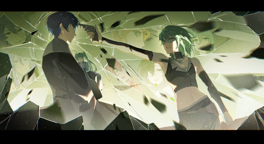 absurdres aqua_eyes banica_conchita black_robe blue_hair carrying clockworker&#039;s_doll crack cracked_background cracked_glass crop_top cropped_jacket detached_collar detached_sleeves dutch_angle evillious_nendaiki father_and_daughter gallerian_marlon glass_shards green_background green_eyes green_hair green_nails grey_jacket grey_skirt gumi gun handgun hatsune_miku highres holding holding_gun holding_weapon holster huz_(a1438758295) jacket judge kagamine_rin kaito_(vocaloid) kamui_gakupo long_skirt margarita_blankenheim megurine_luka meiko_(vocaloid) midriff navel nemesis_no_juukou_(vocaloid) nemesis_sudou pointing_at_forehead aiming princess_carry revolver riliane_lucifen_d&#039;autriche robe sateriasis_venomania shards shattered skirt vessel_of_sin vocaloid weapon
