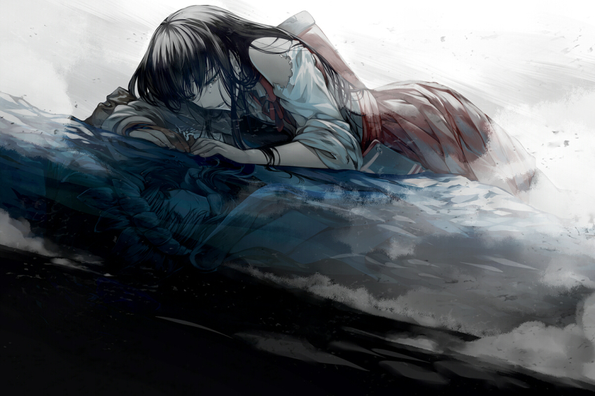 10s 2girls abyssal_ship akagi_(kancolle) armor brown_eyes brown_hair frozen gloves japanese_clothes kantai_collection long_hair lying multiple_girls muneate olmatown tears torn_clothes wo-class_aircraft_carrier