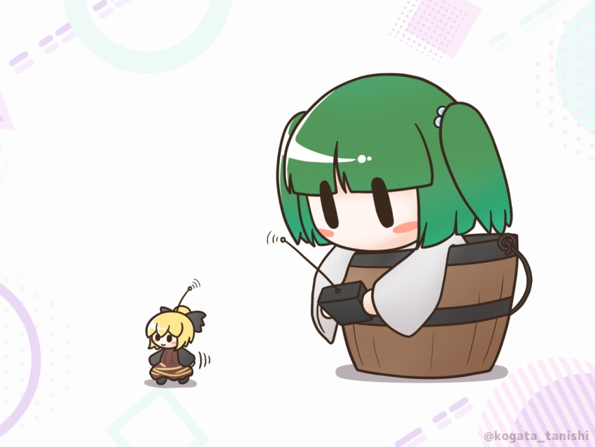 black_bow black_eyes blonde_hair blush_stickers bow brown_dress bucket chibi controller dress green_hair hair_bobbles hair_bow hair_ornament in_bucket in_container kisume kogata_tanishi kurodani_yamame long_sleeves ponytail remote_control touhou twintails twitter_username