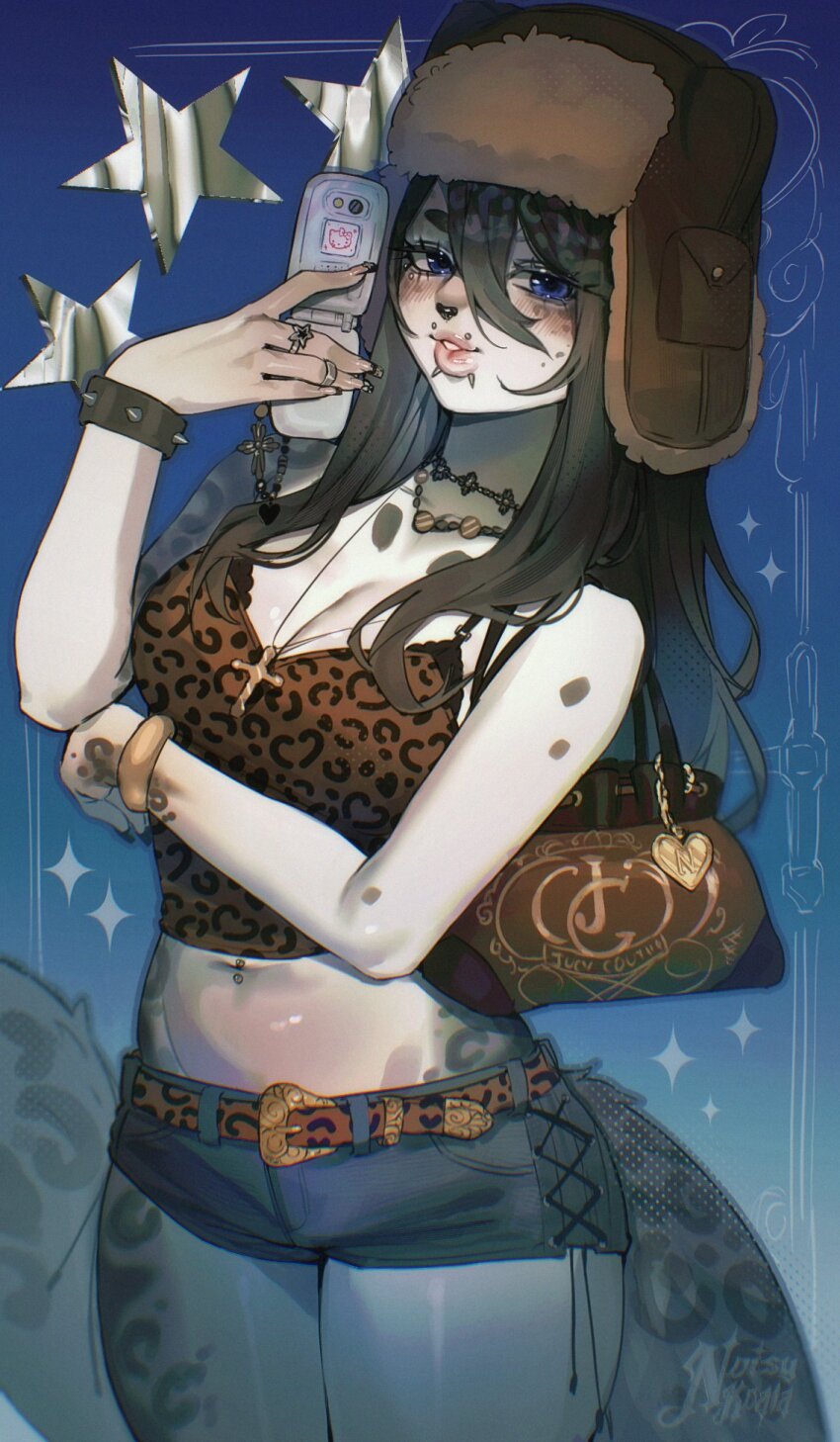 1girl animal_nose animal_print anti-eyebrow_piercing artist_name bad_tag bag bag_charm belt black_hair blue_background blue_eyes blurry bracelet breasts breasts_out brown_bag brown_belt brown_camisole brown_hat camisole cellphone cellphone_charm charm_(object) cleavage colored_skin commentary commission cowboy_shot cross cross_necklace denim denim_shorts depth_of_field elbow_on_arm english_commentary eyelashes face_piercing fashion flip_phone four-pointed_star furry furry_female gem-studded_nails gold_bracelet gradient_background grey_skin hair_between_eyes hair_over_shoulder halftone handbag hat hello_kitty highres holding holding_phone jewelry lace-up_shorts large_breasts leopard_print light_blush long_hair looking_at_viewer midriff mouth_piercing multicolored_skin multiple_necklaces multiple_rings nail_art nail_ornament navel navel_piercing necklace noisykoala original parted_lips patterned_hair phone piercing ring sanrio short_eyebrows short_shorts shorts shoulder_bag silver_choker snow_leopard_girl snow_leopard_tail spiked_bracelet spikes star_(symbol) star_ring teeth thick_eyebrows thick_lips two-tone_skin ushanka white_skin y2k_fashion