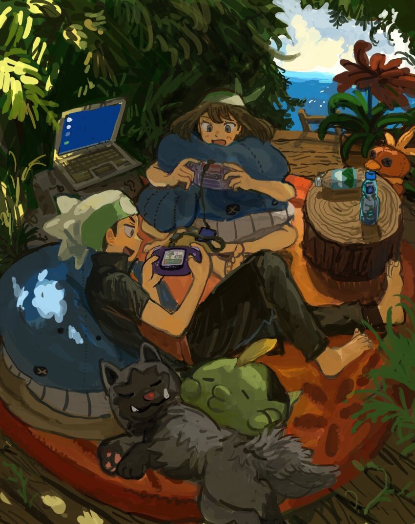 1boy 1girl bandana barefoot bean_bag_chair beanie black_hair blush brendan_(pokemon) brown_hair carpet character_doll commentary_request computer flower game_boy_advance game_freak game_link_cable gen_3_pokemon green_bandana gulpin handheld_game_console happy hat highres holding holding_handheld_game_console laptop may_(pokemon) minahamu nintendo ocean open_mouth pokemon pokemon_(creature) pokemon_emerald pokemon_rse poochyena ramune short_hair short_sleeves sitting smile stuffed_animal stuffed_toy torchic tree wailmer
