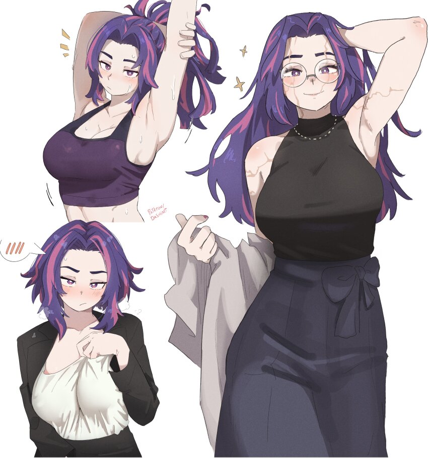 absurdres armpits artist_name blush boku_no_hero_academia breasts commentary dashi_(dashiart) facial_scar highres jewelry lady_nagant long_hair looking_at_viewer multicolored_hair multiple_views necklace pink_hair purple_eyes purple_hair round_eyewear scar scar_on_arm scar_on_cheek scar_on_face short_hair simple_background sleeveless sleeveless_turtleneck smile streaked_hair sweat turtleneck two-tone_hair white_background