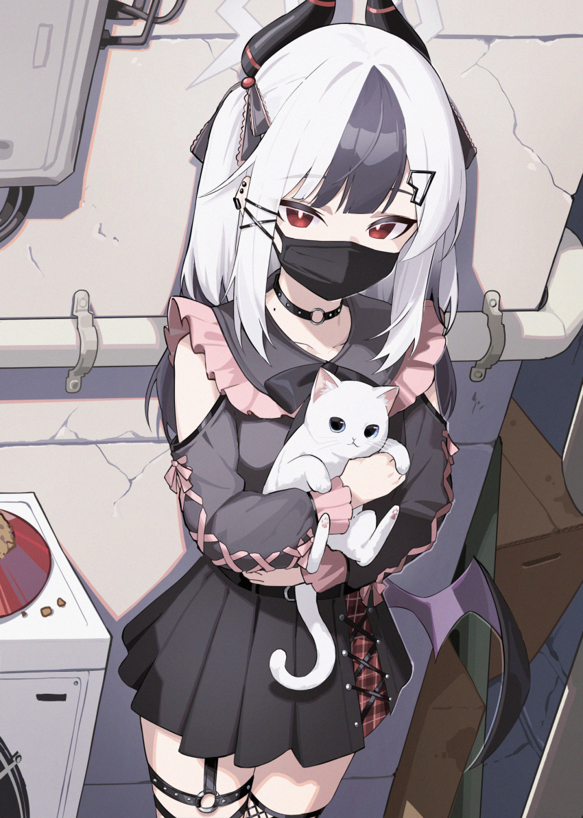 1girl animal black_choker black_hair black_horns black_mask black_shirt black_skirt blue_archive cat choker clothing_cutout collarbone demon_horns ear_piercing earclip einheadt grey_halo hair_between_eyes halo highres holding holding_animal holding_cat horns jirai_kei kayoko_(blue_archive) long_hair long_sleeves looking_at_viewer mask miniskirt mole mole_on_collarbone mouth_mask multicolored_hair piercing pleated_skirt red_eyes shirt shoulder_cutout single_wing skirt solo standing two-tone_hair white_hair wings