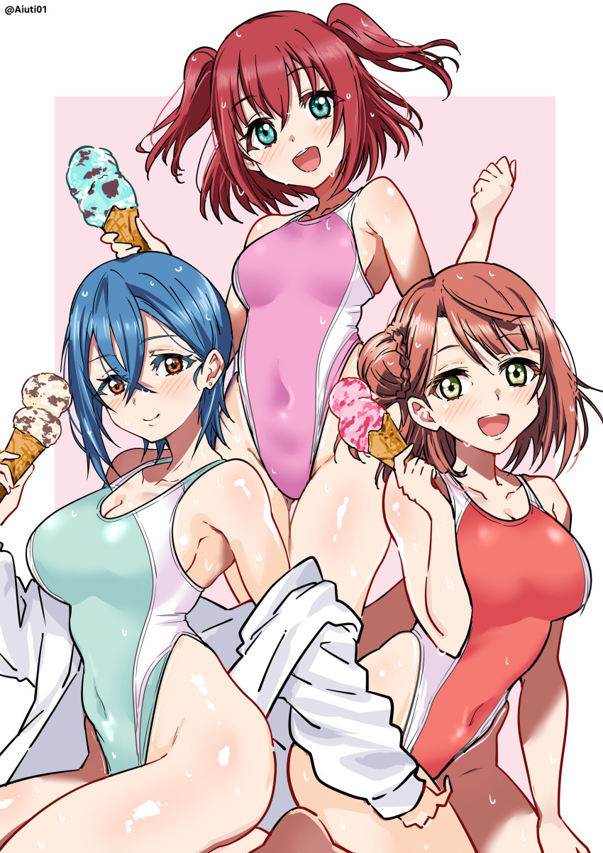 3girls absurdres ai_scream!_(love_live!) aiscream_(love_live!) aiuti aqua_eyes blue_hair blue_one-piece_swimsuit border brown_eyes competition_swimsuit covered_navel food green_eyes hair_bun highleg highleg_one-piece_swimsuit highres ice_cream jacket kurosawa_ruby love_live! love_live!_nijigasaki_high_school_idol_club love_live!_sunshine!! love_live!_superstar!! multiple_girls one-piece_swimsuit open_mouth outside_border pink_background pink_one-piece_swimsuit red_hair red_one-piece_swimsuit round_teeth short_hair single_hair_bun swimsuit teeth two-tone_background two-tone_swimsuit two_side_up uehara_ayumu upper_teeth_only w_arms wakana_shiki white_border white_jacket