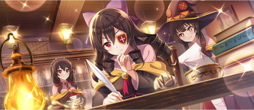 +_+ 3girls arue_(konosuba) bandaged_leg bandages black_gloves black_hat black_robe black_thighhighs book bow braid brown_hair chair collared_dress crown_braid cup diagonal-striped_clothes diagonal-striped_necktie dress drill_hair drill_sidelocks eyepatch fingerless_gloves from_below game_cg gloves hair_between_eyes hair_bow hand_on_own_chin hat highres holding holding_paper holding_quill holding_saucer indoors kono_subarashii_sekai_ni_shukufuku_wo! konosuba!_fantastic_days lantern large_bow long_hair low_twintails megumin multiple_girls necktie off_shoulder official_alternate_costume official_art on_chair orange_necktie paper pink_dress purple_bow quill red_bow red_eyes red_necktie red_prison_magic_school_uniform robe saucer school_uniform serious short_hair short_hair_with_long_locks sidelocks single_thighhigh sitting smile standing striped_clothes stroking_own_chin studying table teacup thighhighs twintails two-tone_necktie v-shaped_eyebrows witch_hat yunyun_(konosuba)