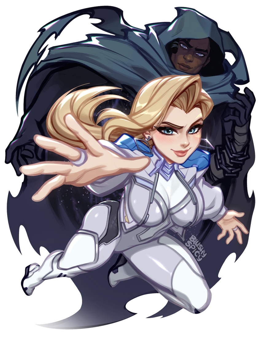 1boy 1girl artist_name black_cape black_gloves blonde_hair blue_eyes blushyspicy bodysuit breasts cape cloak_(marvel) closed_mouth commentary curtained_hair dagger_(marvel) dark-skinned_male dark_skin earrings english_commentary gloves grey_bodysuit grey_eyes highres hood hooded_cape jewelry large_breasts long_hair looking_at_viewer marvel marvel_rivals ring smile watermark