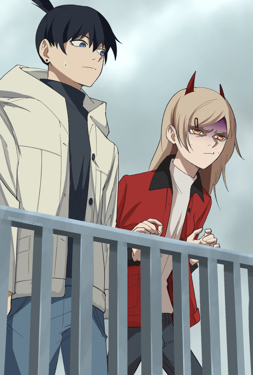 1boy 1girl black_hair blonde_hair blue_eyes chainsaw_man demon_girl disgust ear_piercing flat_chest hair_ornament hairclip hayakawa_aki highres horns jacket long_hair nervous pants piercing ponytail power_(chainsaw_man) rinneko_art shirt short_hair standing sweatdrop symbol-shaped_pupils turtleneck winter_clothes yellow_eyes