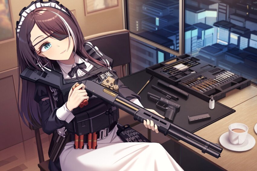 12-gauge 1girl ammunition angel_ina apron benelli_m3 black_dress blue_eyes check_weapon dress eotech eyepatch fn_five-seven gun handgun highres long_hair maid maid_headdress optical_sight original pdw-caliber_pistol reloading revolver shotgun shotgun_shell smile solo tactical_maid unconventional_maid weapon weapon_request white_apron