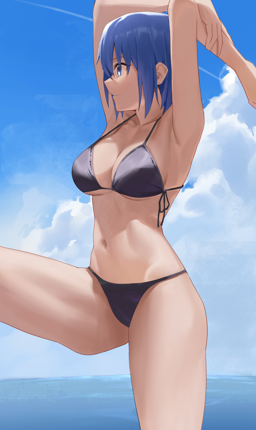 1girl absurdres armpits arms_up beach bikini black_bikini blue_eyes blue_hair blue_sky breasts c.i.e.l_(fate) c.i.e.l_(first_ascension)_(fate) ciel_(tsukihime) cloud day fate/grand_order fate_(series) highres large_breasts navel no_eyewear o_taku ocean outdoors profile short_hair sky solo string_bikini swimsuit thighs tsukihime