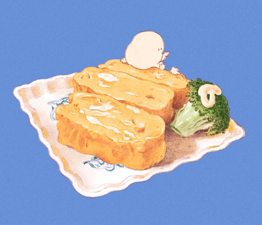 blue_background broccoli commentary_request food food_focus no_humans omelet original plate shuunomo simple_background tamagoyaki vegetable