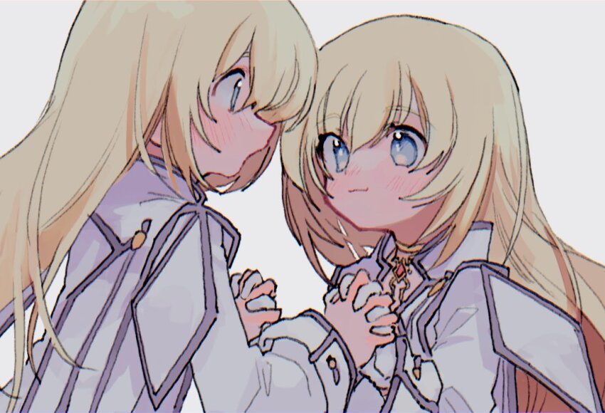 2girls blonde_hair blue_eyes blue_trim closed_mouth coat colette_brunel dual_persona eye_contact holding_hands long_hair looking_at_another multiple_girls nancykittyu simple_background smile tales_of_(series) tales_of_symphonia white_background white_coat