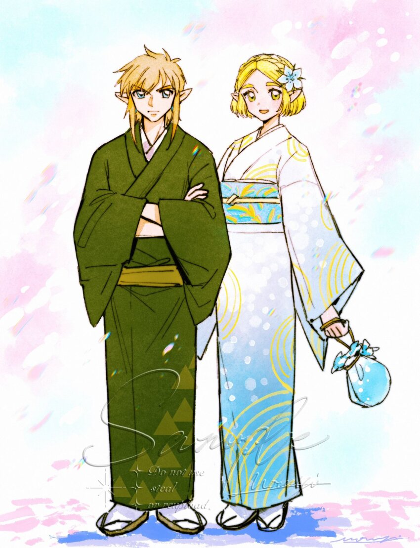 1boy 1girl artist_name bag blonde_hair blue_eyes braid cherry_blossoms closed_mouth crossed_arms crown_braid flower full_body gradient_clothes gradient_kimono green_eyes green_kimono hair_flower hair_ornament highres holding holding_bag japanese_clothes kimono link long_sleeves medium_hair mouyi nintendo obi open_mouth pointy_ears princess_zelda sample_watermark sandals sash short_hair sidelocks silent_princess smile the_legend_of_zelda the_legend_of_zelda:_breath_of_the_wild watermark wide_sleeves