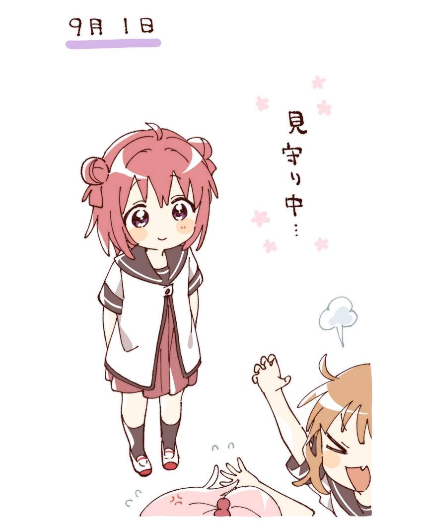 &gt;_&lt; 3girls :d ahoge akaza_akari anger_vein blush_stickers brown_hair brown_sailor_collar brown_socks closed_eyes closed_mouth commentary_request double_bun dress fang flying_sweatdrops hair_bobbles hair_bun hair_ornament highres multiple_girls namori nanamori_school_uniform open_mouth pink_hair pleated_dress purple_eyes red_dress red_hair sailor_collar school_uniform shirt shoes short_hair short_sleeves simple_background skin_fang smile socks standing toshinou_kyouko translation_request white_background white_shirt white_shoes xd yoshikawa_chinatsu yuruyuri