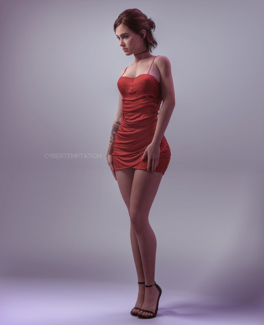 1girl 3d bare_arms bare_legs bare_shoulders breasts brown_hair choker cleavage dress ellie_(the_last_of_us) female_focus freckles full_body high_heels highres medium_breasts naughty_dog no_bra non-web_source open-toe_shoes red_dress shoes short_dress short_hair simple_background solo tattoo the_last_of_us the_last_of_us_(series) the_last_of_us_2