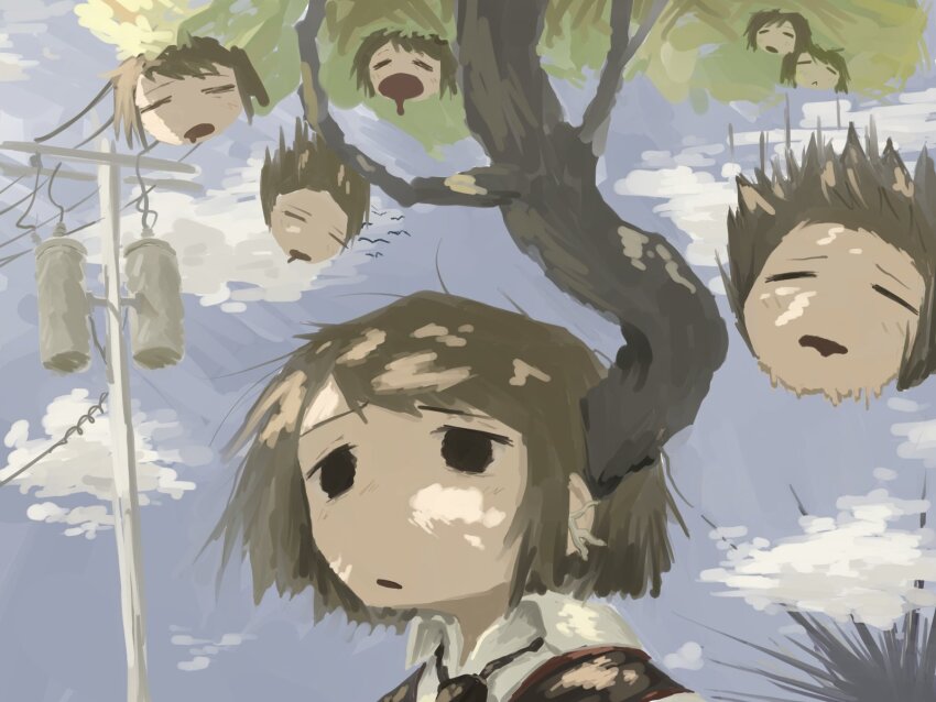 1girl black_eyes closed_eyes closed_mouth cloud collared_shirt dappled_sunlight disembodied_head drooling falling highres open_mouth original plant_on_head portrait power_lines shirt sky solo sunlight tree utility_pole xuwq1h