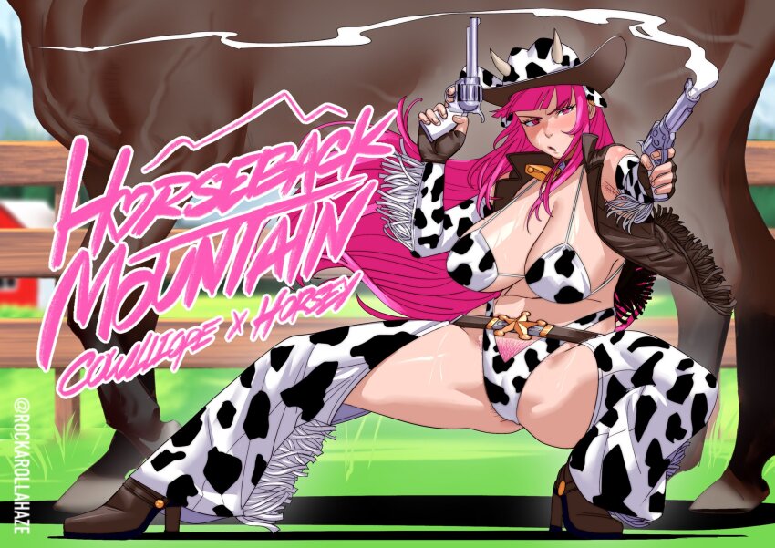 1girl alternate_costume animal_ears animal_print armpit_crease armpit_hair artist_name bell belt bikini blurry blurry_background blush boots breasts brown_belt brown_boots brown_gloves brown_vest chaps cow_ears cow_print cowbell cowboy_hat day detached_sleeves female_pubic_hair fingerless_gloves full_body gloves gun handgun hat highres holding holding_gun holding_weapon hololive hololive_english horse huge_breasts leaning_to_the_side long_hair looking_at_viewer mori_calliope neck_bell open_clothes open_mouth open_vest outdoors pink_eyes pink_hair print_bikini pubic_hair revolver rockarollahaze swimsuit thick_thighs thighs twitter_username very_long_hair vest virtual_youtuber weapon white_bikini