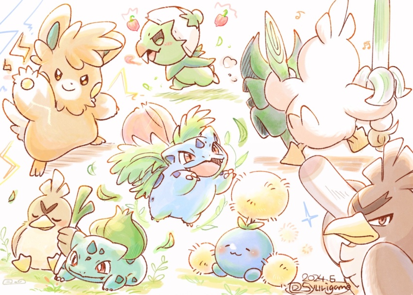 beak brown_eyes bulbasaur capsakid claws closed_eyes closed_mouth dated farfetch&#039;d galarian_farfetch&#039;d galarian_form gen_1_pokemon gen_2_pokemon gen_8_pokemon grass green_eyes holding ivysaur jumpluff leaf nintendo open_mouth pawmot pokemon pokemon_(creature) red_eyes shield shuri_(syurigame) signature sirfetch&#039;d smile sword twitter_username unibrow walking weapon
