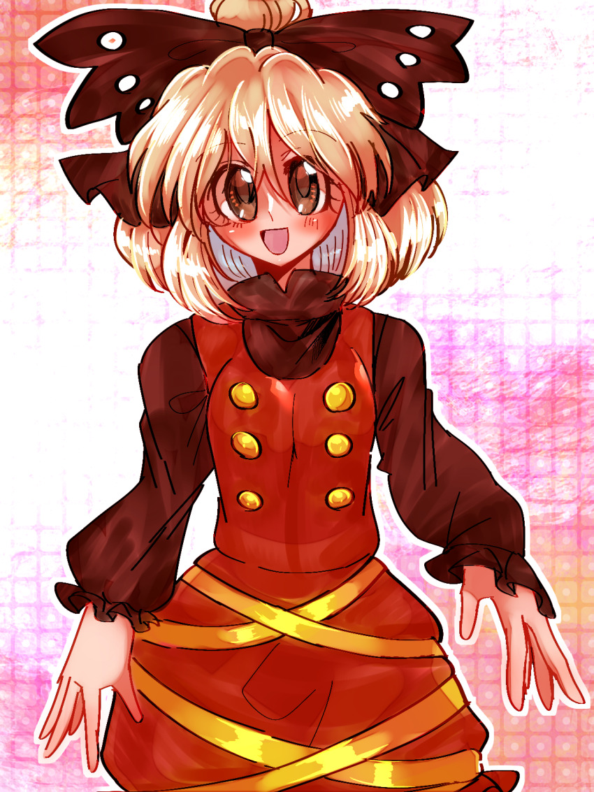 1girl :d black_bow black_shirt blonde_hair blush bow brown_dress brown_eyes buttons commentary_request cowboy_shot dress grid_background hair_bow hair_bun highres kurodani_yamame long_sleeves looking_at_viewer open_mouth pinafore_dress pink_background ribbon shippuu_jinnari shirt short_hair single_hair_bun sleeveless sleeveless_dress smile solo touhou yellow_ribbon