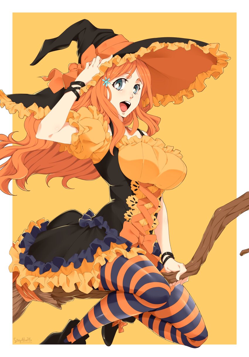 1girl absurdres alternate_eye_color artist_name bleach border breasts broom female_focus hair_ornament halloween halloween_costume hat highres inoue_orihime large_breasts long_hair open_mouth orange_hair puffy_sleeves shoes simple_background snowflake_hair_ornament stayaliveplz striped_clothes striped_thighhighs thighhighs thighs white_border witch witch_hat
