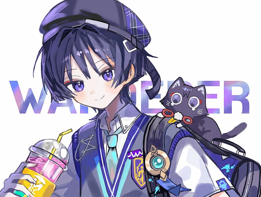 1boy alternate_costume animal animal_on_shoulder animalization aqua_necktie aqua_trim bag beret blue_gemstone blunt_ends bright_pupils cat cat_on_shoulder character_name ckiows closed_mouth coffee collared_shirt cup disposable_cup drinking_straw emblem eyeliner eyeshadow feathers gem genshin_impact gold grey_sweater_vest hair_intakes hat highres holding holding_cup iced_coffee looking_at_viewer makeup male_focus necktie official_alternate_costume person_and_animalization pom_pom_(clothes) purple_bag purple_eyes purple_hair purple_hat purple_trim red_eyeliner red_eyeshadow scaramouche_(cat)_(genshin_impact) scaramouche_(genshin_impact) shirt short_sleeves shoulder_bag smile split_mouth string sweater_vest three_quarter_view upper_body vision_(genshin_impact) wanderer_(genshin_impact) wanderer_(mega_mgc_coffee)_(genshin_impact) white_background white_pupils white_shirt white_sleeves yellow_feathers