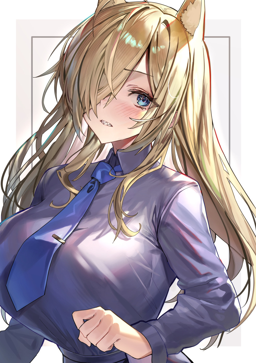 1girl absurdres animal_ear_fluff animal_ears black_skirt blonde_hair blue_archive blue_eyes blue_necktie blue_shirt blush breasts clenched_teeth collared_shirt eyes_visible_through_hair hair_over_one_eye highres kabi_(zcwd8845) kanna_(blue_archive) large_breasts long_hair long_sleeves looking_at_viewer necktie sharp_teeth shirt skirt solo teeth upper_body