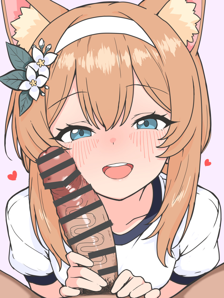 1girl absurdres animal_ear_fluff animal_ears bar_censor blue_archive blue_eyes blush censored cheek_poking cheek_press erection facejob flower gym_shirt gym_uniform hair_flower hair_ornament hairband heart hetero highres ichimisan large_penis long_hair looking_at_viewer mari_(blue_archive) mari_(track)_(blue_archive) official_alternate_costume orange_hair penis penis_grab penis_on_face poking pov pov_crotch shirt short_sleeves solo_focus veins veiny_penis white_flower white_hairband