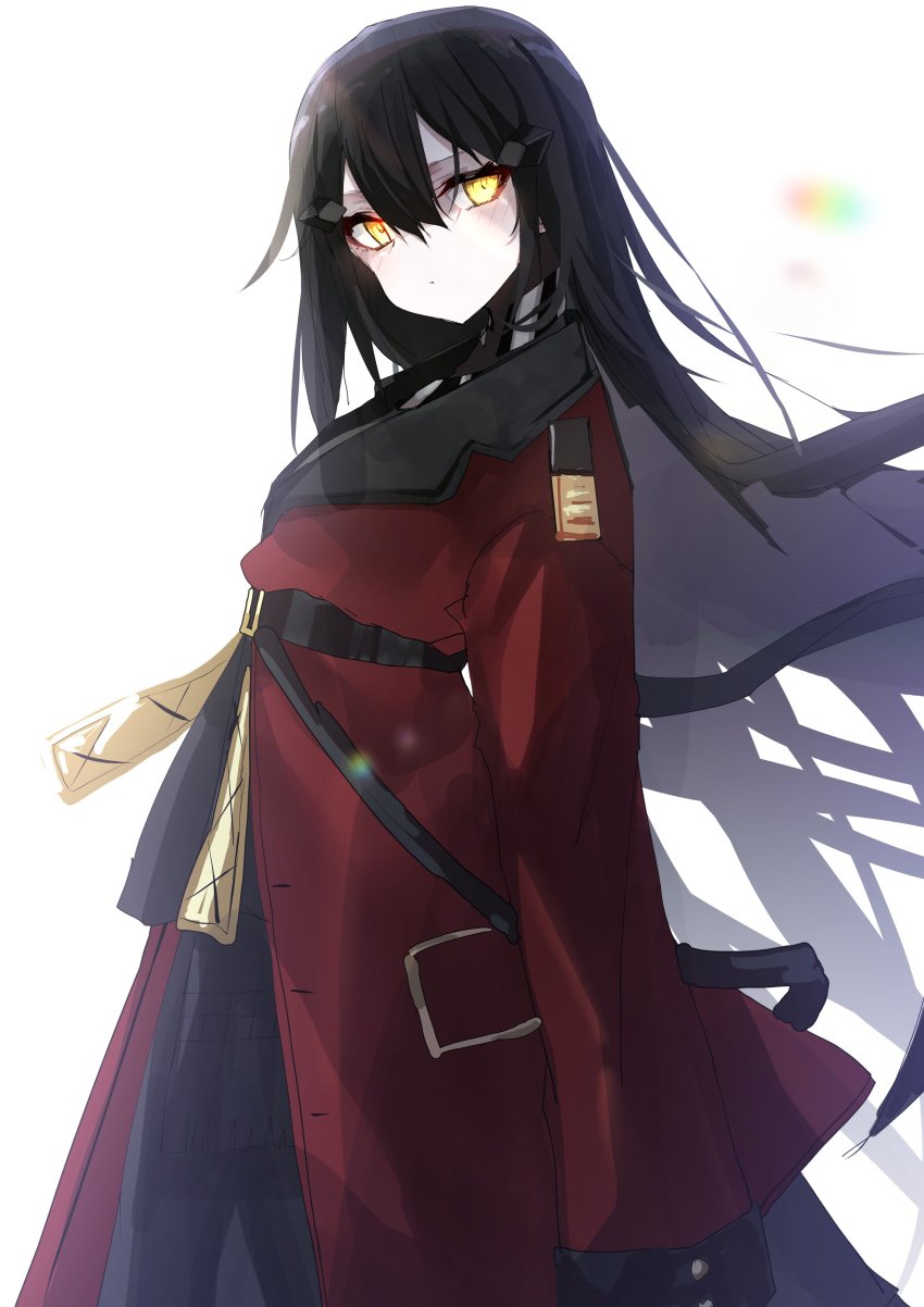 1girl absurdres black_hair breasts coat dandelion_(girls&#039;_frontline) floating_hair girls&#039;_frontline glowing glowing_eyes hair_between_eyes hair_ornament hairclip highres jacket kamiya_mitobe long_hair looking_back medium_breasts red_coat red_jacket sidelocks solo very_long_hair wind wind_lift yellow_eyes