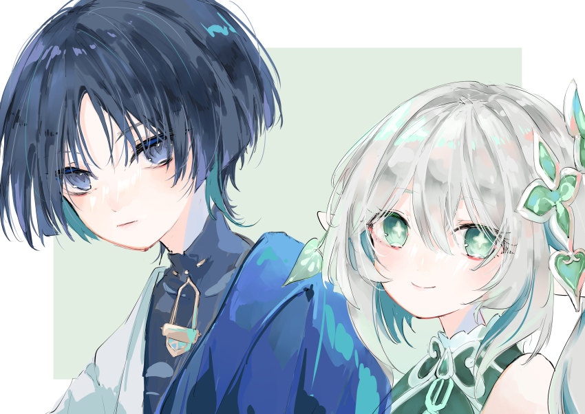 1boy 1girl absurdres bare_shoulders black_bodysuit black_eyes black_hair blue_cape blunt_ends bodysuit cape closed_mouth collar cross-shaped_pupils doodles double-parted_bangs dress expressionless eyelashes eyeliner eyeshadow frilled_collar frills genshin_impact green_dress green_eyes hair_between_eyes hair_ornament highres japanese_clothes kimono leaf leaf_hair_ornament looking_at_viewer makeup nahida_(genshin_impact) nanami_alice parted_bangs pointy_ears red_eyeliner red_eyeshadow scaramouche_(genshin_impact) side-by-side side_ponytail sidelocks smile symbol-shaped_pupils upper_body wanderer_(genshin_impact) white_background white_hair white_kimono