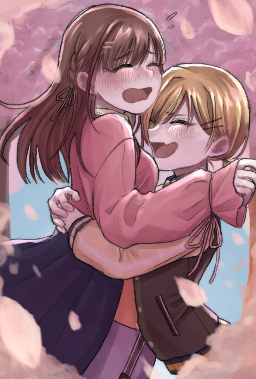 2girls ^_^ blonde_hair blue_skirt blush braid brown_hair cherry_blossoms closed_eyes commentary_request ear_blush falling_petals fang flying_sweatdrops highres hug idolmaster idolmaster_shiny_colors jacket letterman_jacket lifting_person long_sleeves multiple_girls necota_(8270_necota) nose_blush open_mouth outdoors petals pink_shirt saijo_juri shirt skin_fang skirt sonoda_chiyoko yuri