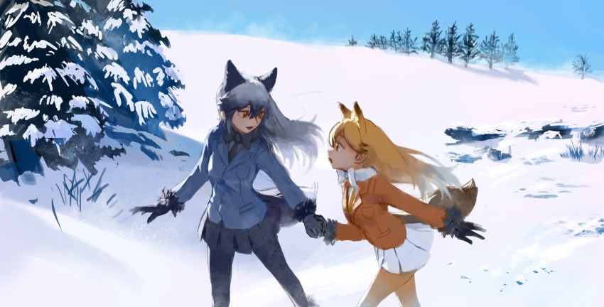 10s 2girls :d :o animal_ears black_gloves blonde_hair blue_sky bow bowtie buttons cold day eye_contact eyelashes ezo_red_fox_(kemono_friends) fox_ears fox_tail from_side fur_trim gloves grey_hair hair_between_eyes highres kemono_friends kita_kitsune long_hair long_sleeves looking_at_another multicolored_hair multiple_girls necktie open_mouth orange_eyes outdoors outstretched_arm outstretched_arms pantyhose pine_tree pleated_skirt pocket profile rock scenery shirt sidelocks silver_fox_(kemono_friends) skirt sky smile snow tail tareme tree treeware two-tone_hair walking