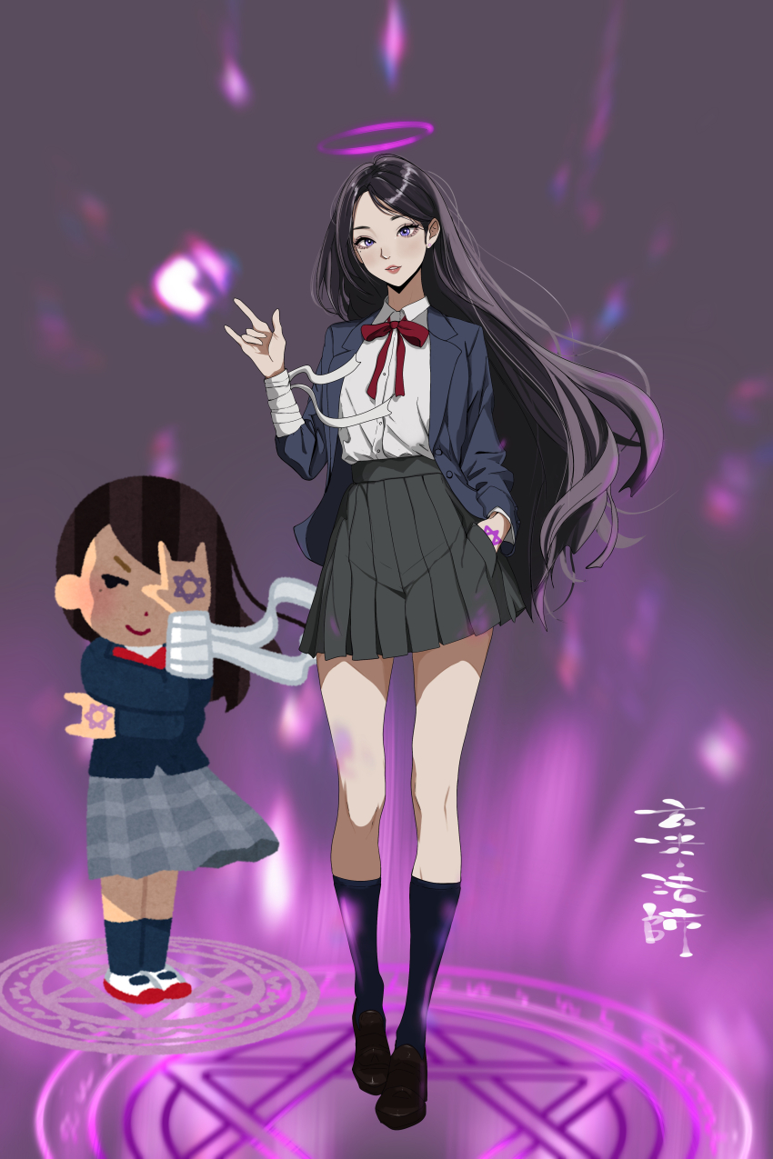 \n/ absurdres arm_wrap black_footwear black_hair black_skirt blazer blue_eyes chibi chibi_inset chuunibyou crossed_arms earrings genmaihoshi halo hand_in_pocket hexagram highres irasutoya irasutoya_challenge jacket jewelry lipstick long_hair looking_at_viewer makeup mifune_takashi_(style) mole mole_under_eye purple_background sanding school_uniform shirt skirt socks standing star_of_david stud_earrings very_long_hair white_footwear white_shirt