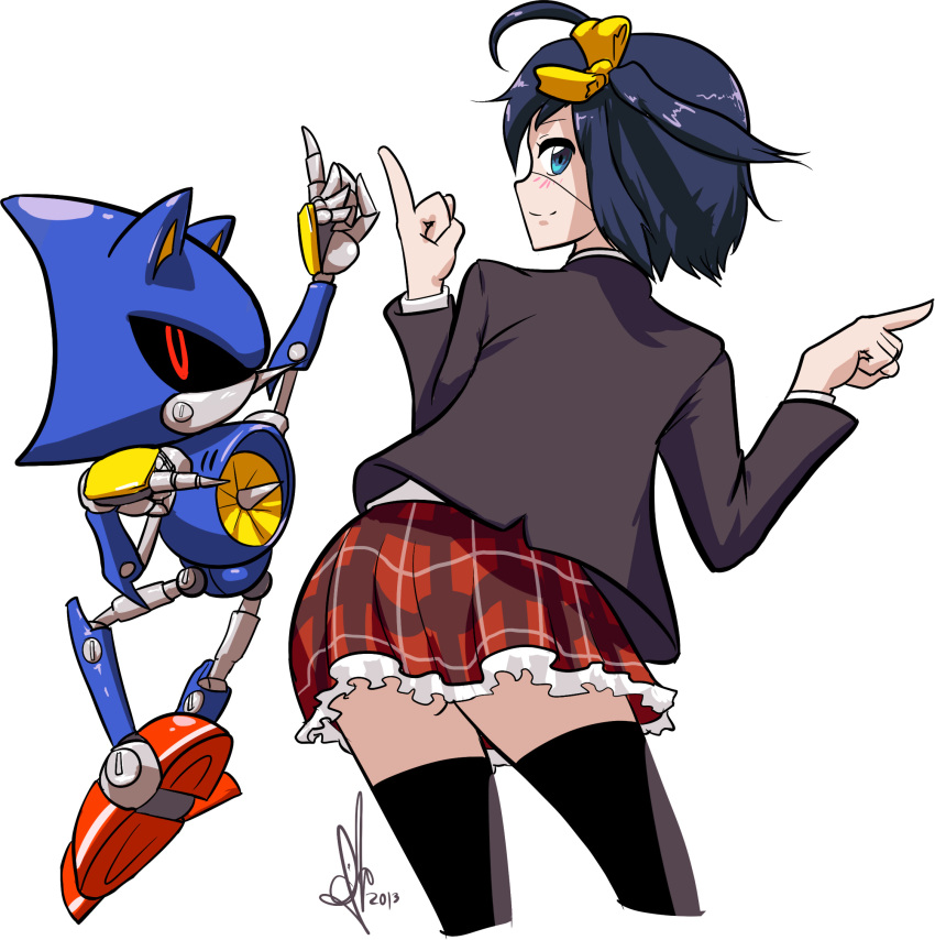 1boy 1girl animal_ears arm_up ass black_hair blazer blue_eyes checkered_clothes checkered_skirt chuunibyou_demo_koi_ga_shitai! commentary cowboy_shot dated from_behind full_body hair_ribbon hand_up highres index_finger_raised jacket jet_engine long_sleeves looking_at_viewer looking_back metal_sonic pointing pointing_to_the_side pointing_up red_eyes ribbon robot short_hair side_ponytail signature simple_background skirt smile sonic_(series) takanashi_rikka thighhighs triple-q white_background yellow_ribbon