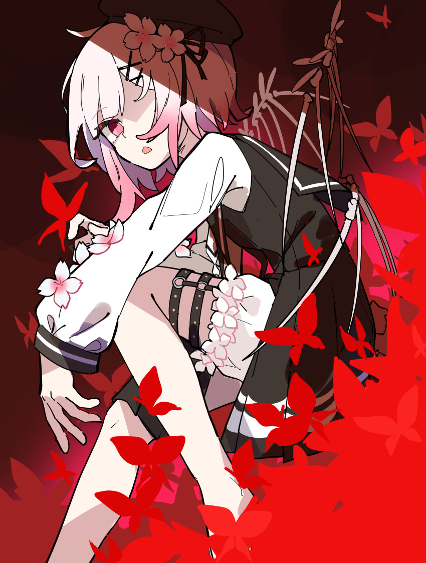 1girl 33puruspa absurdres beret black_dress black_hat black_ribbon bug butterfly cherry_blossoms chinese_commentary commentary_request dress flower gradient_hair hair_flower hair_ornament hat highres insect long_sleeves looking_at_viewer magical_girl mahou_shoujo_no_majo_saiban multicolored_hair o-ring o-ring_thigh_strap open_mouth pink_eyes pink_hair red_butterfly ribbon sakuraba_ema shaded_face short_hair sitting skeletal_wings solo spoilers thigh_strap watermark weibo_watermark white_flower white_hair wings x_hair_ornament