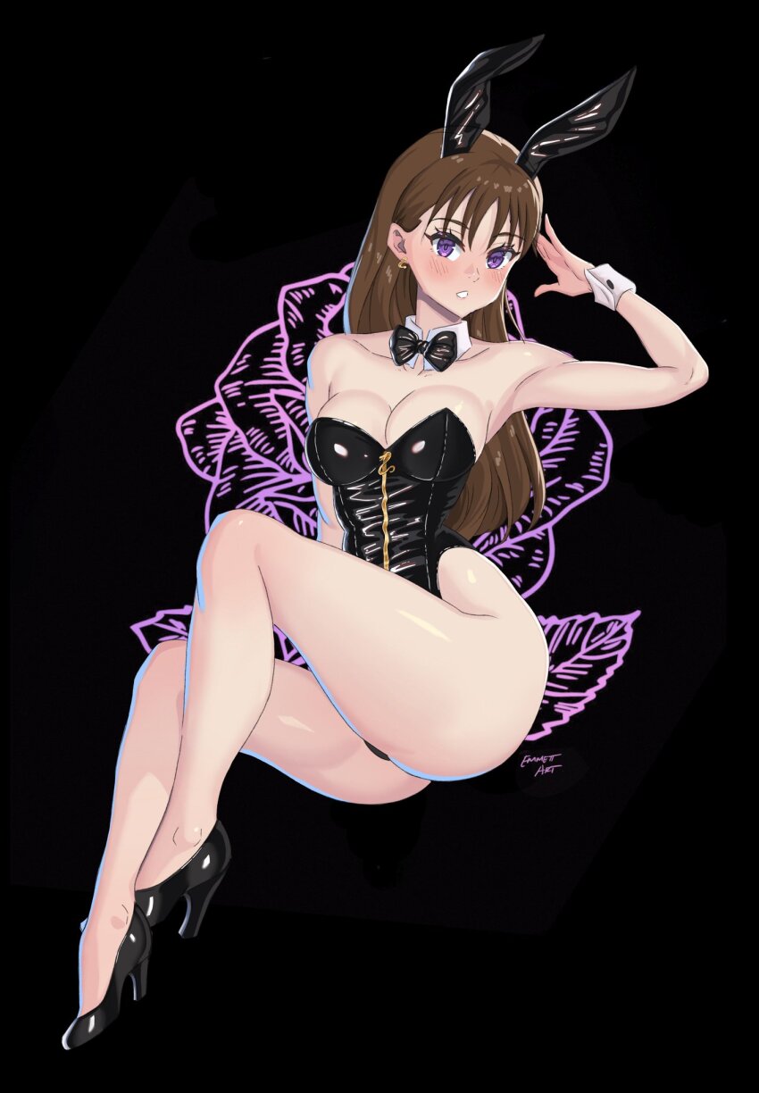 1girl ass bare_shoulders blush bow bowtie breasts brown_hair cleavage dark_background diane_(nanatsu_no_taizai) emmettart highleg highleg_leotard highres large_breasts leotard long_hair nanatsu_no_taizai playboy_bunny purple_eyes rabbit_ears sleeveless