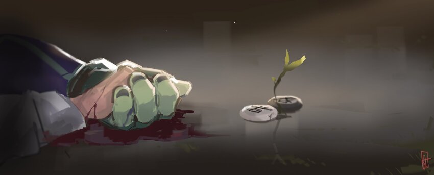 1boy 1girl black_background colored_skin fewer_digits french-unicorn green_skin gunjin_shougi holding_hands hunter_x_hunter komugi_(hunter_x_hunter) meruem out_of_frame shadow
