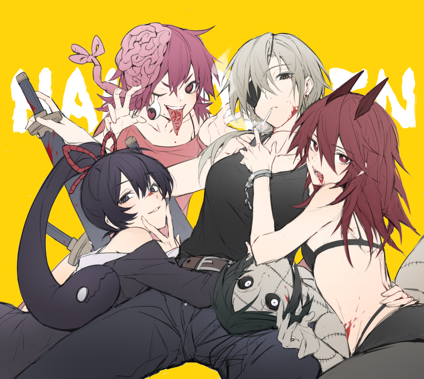 5girls absurdres black_eyes black_hair black_sclera blood blood_on_face brain breasts bright_pupils chainsaw_man cigarette claw_pose colored_sclera cosmo_(chainsaw_man) cuffs eyepatch fangs grey_hair hair_between_eyes hair_ribbon heart heart-shaped_pupils high-waist_pants highres horns long_(chainsaw_man) long_hair medium_breasts multiple_girls oyo_hitsuji pants parted_lips pingtsi_(chainsaw_man) pink_hair ponytail quanxi&#039;s_group_(chainsaw_man) quanxi_(chainsaw_man) red_eyes red_hair ribbon shackles simple_background sitting small_breasts smile stitches sword symbol-shaped_pupils tank_top tongue tongue_out tsugihagi_(chainsaw_man) w weapon yellow_background yuri zombie