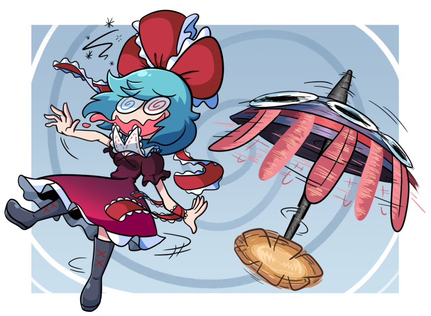 1girl @_@ black_boots blue_eyes boots commentary commission cosplay cross-laced_footwear dress english_commentary full_body grey_background hair_ribbon highres kagiyama_hina kagiyama_hina_(cosplay) karakasa_obake kevin_arthur open_mouth purple_umbrella red_dress red_eyes red_ribbon ribbon short_sleeves solo spinning squeans tatara_kogasa touhou umbrella