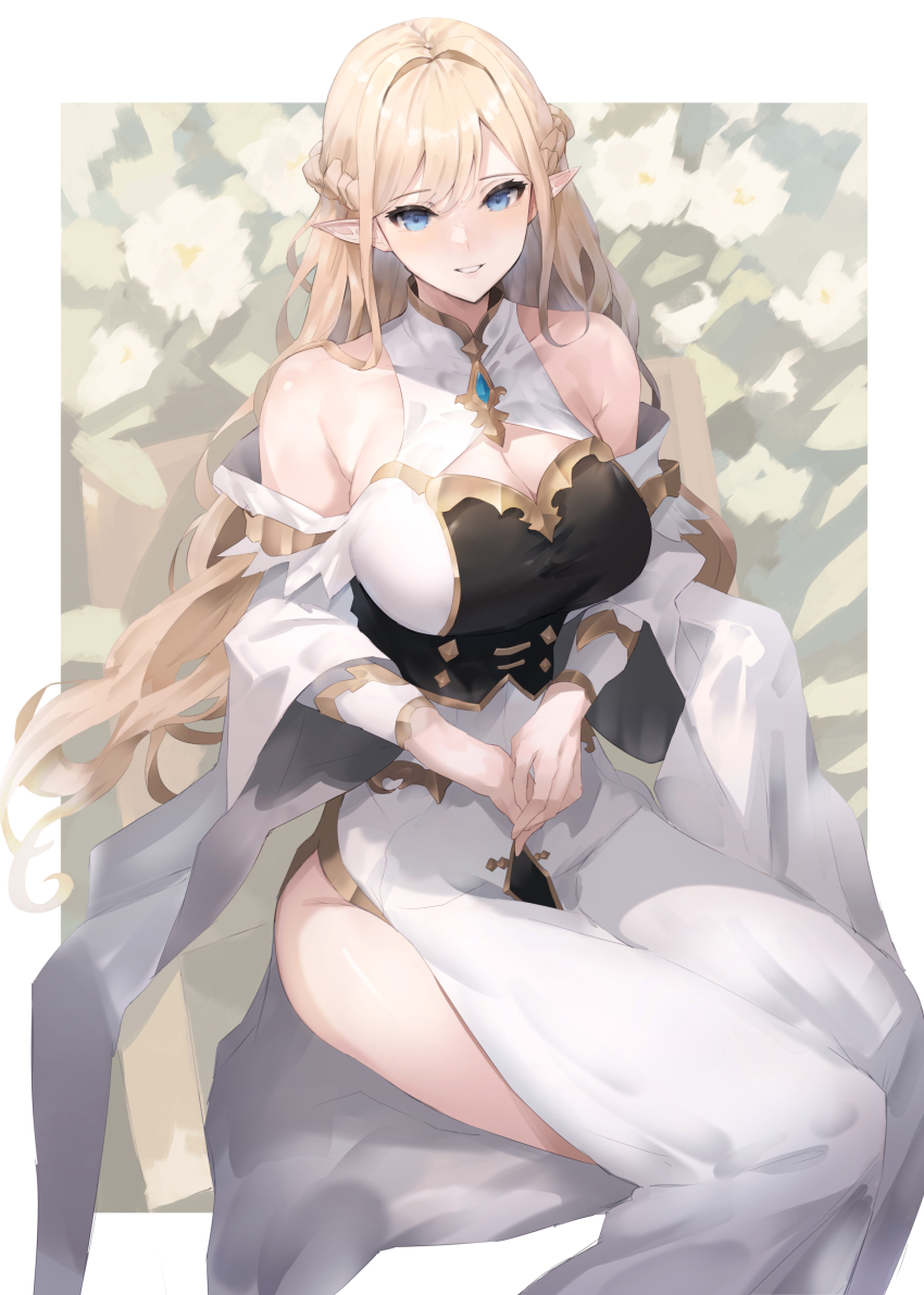 1girl absurdres baketsu bare_shoulders barefoot blonde_hair blue_eyes blue_gemstone braid breasts cleavage cleavage_cutout clothing_cutout collarbone commentary_request dress elf gem gold_trim highres large_breasts light_smile long_hair long_sleeves looking_at_viewer mature_female original pointy_ears sitting solo very_long_hair white_dress